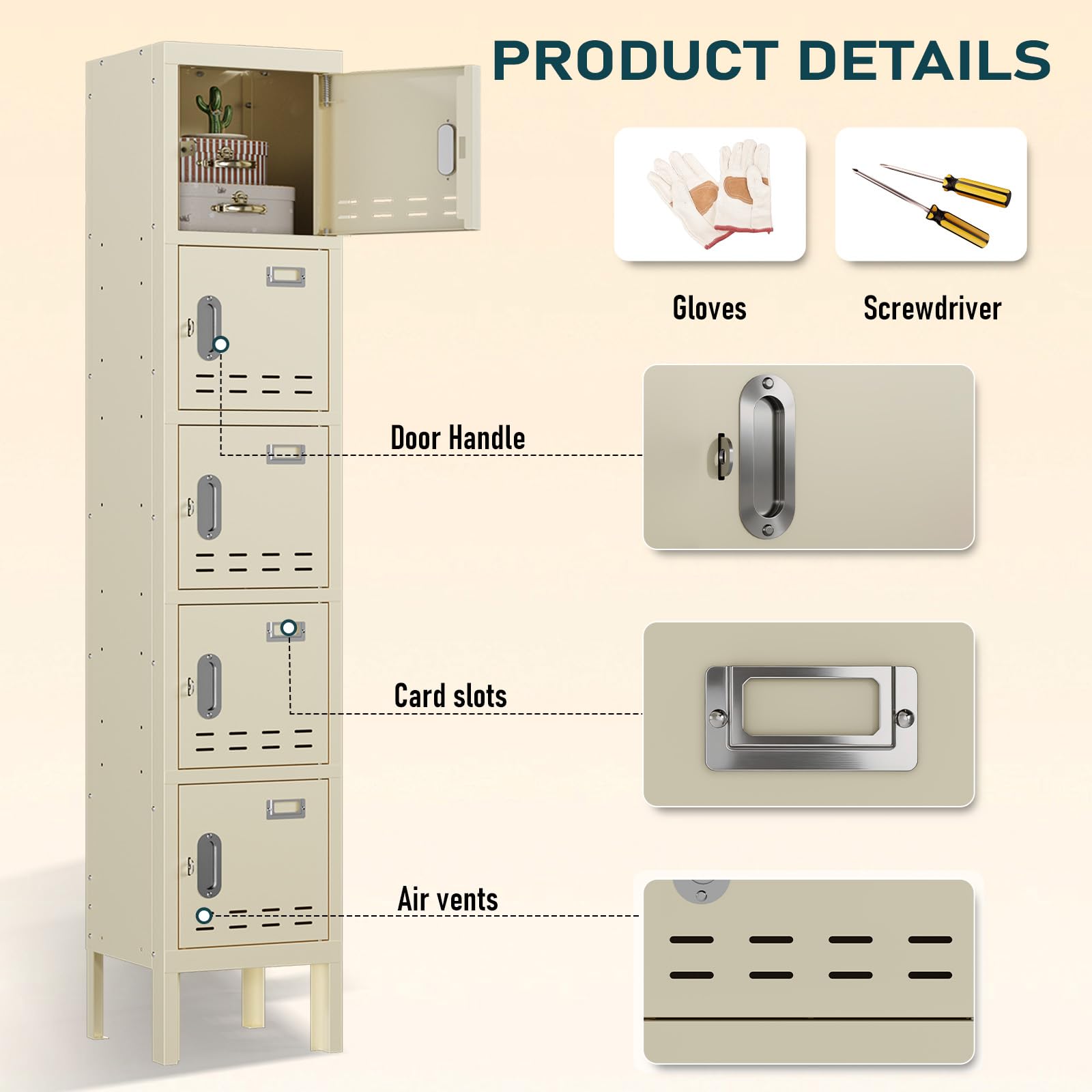 Lockers,Metal Locker, (Beige, 1 Door - (66.15" H x 11.8" W x 11.8" D))