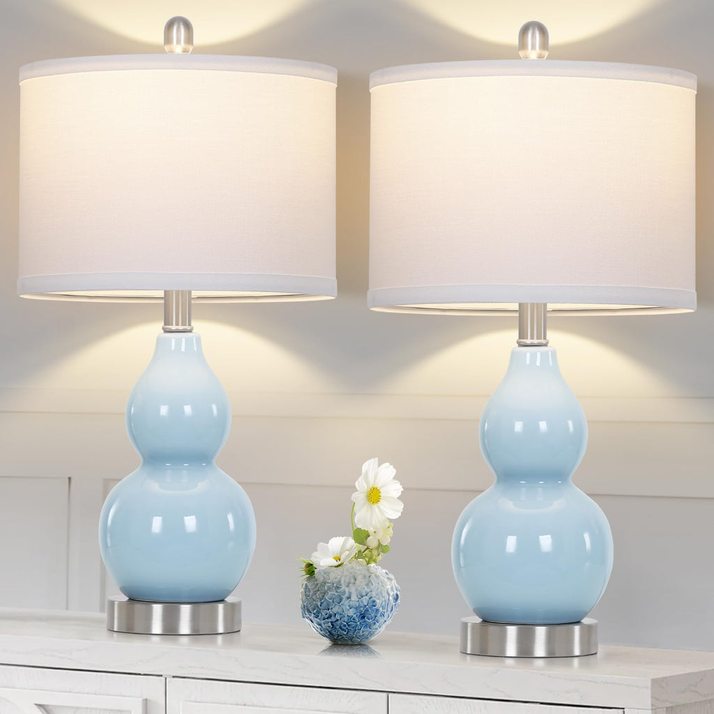 Rinweey Double Gourd Ceramic Table Lamps Set of 2, Modern Blue Bedside Lamps for Night Stand, Contemporary Nightstand Lamps for Bedroom Living Room (Bulb Included)