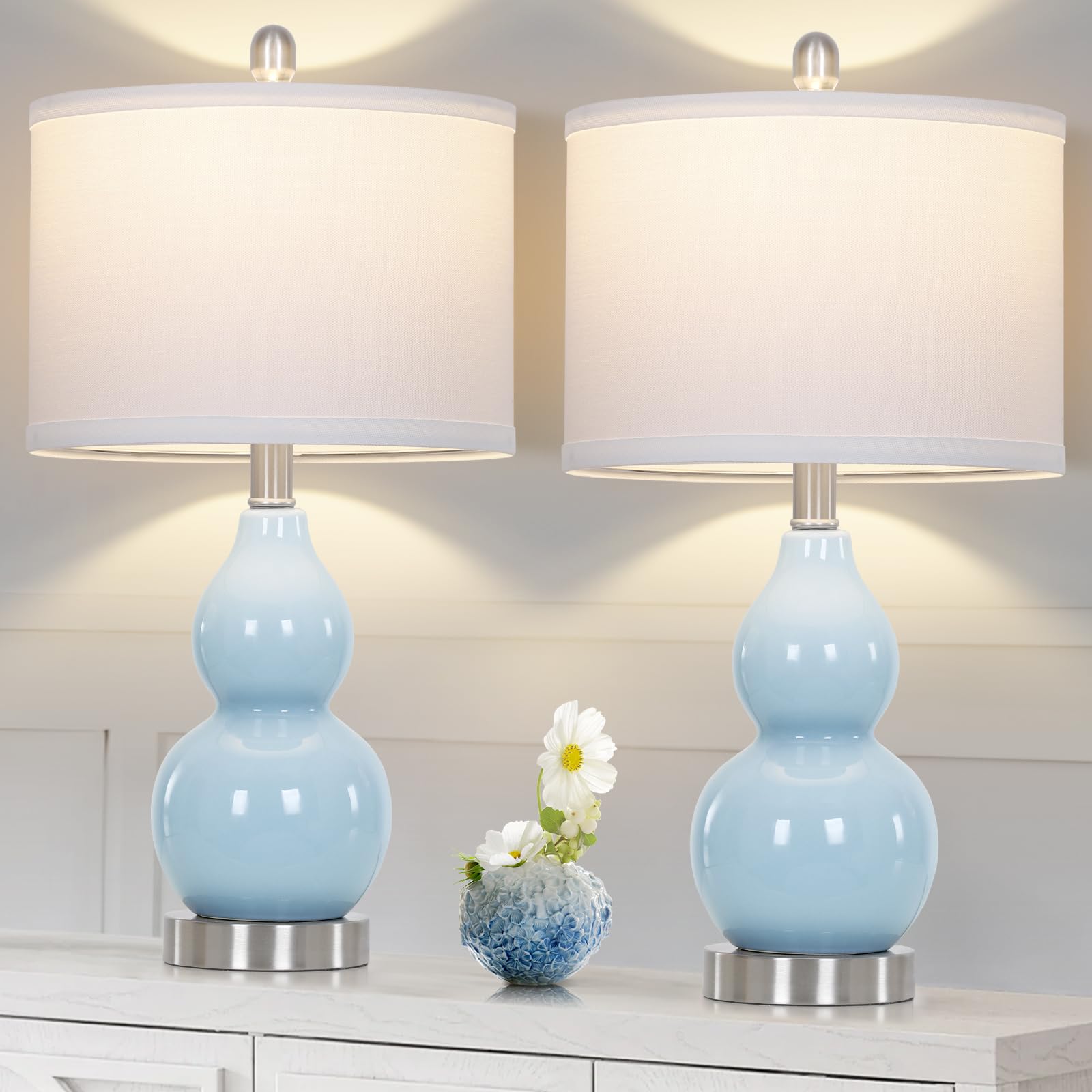 Rinweey Double Gourd Ceramic Table Lamps Set of 2, Modern Blue Bedside Lamps for Night Stand, Contemporary Nightstand Lamps for Bedroom Living Room (Bulb Included)