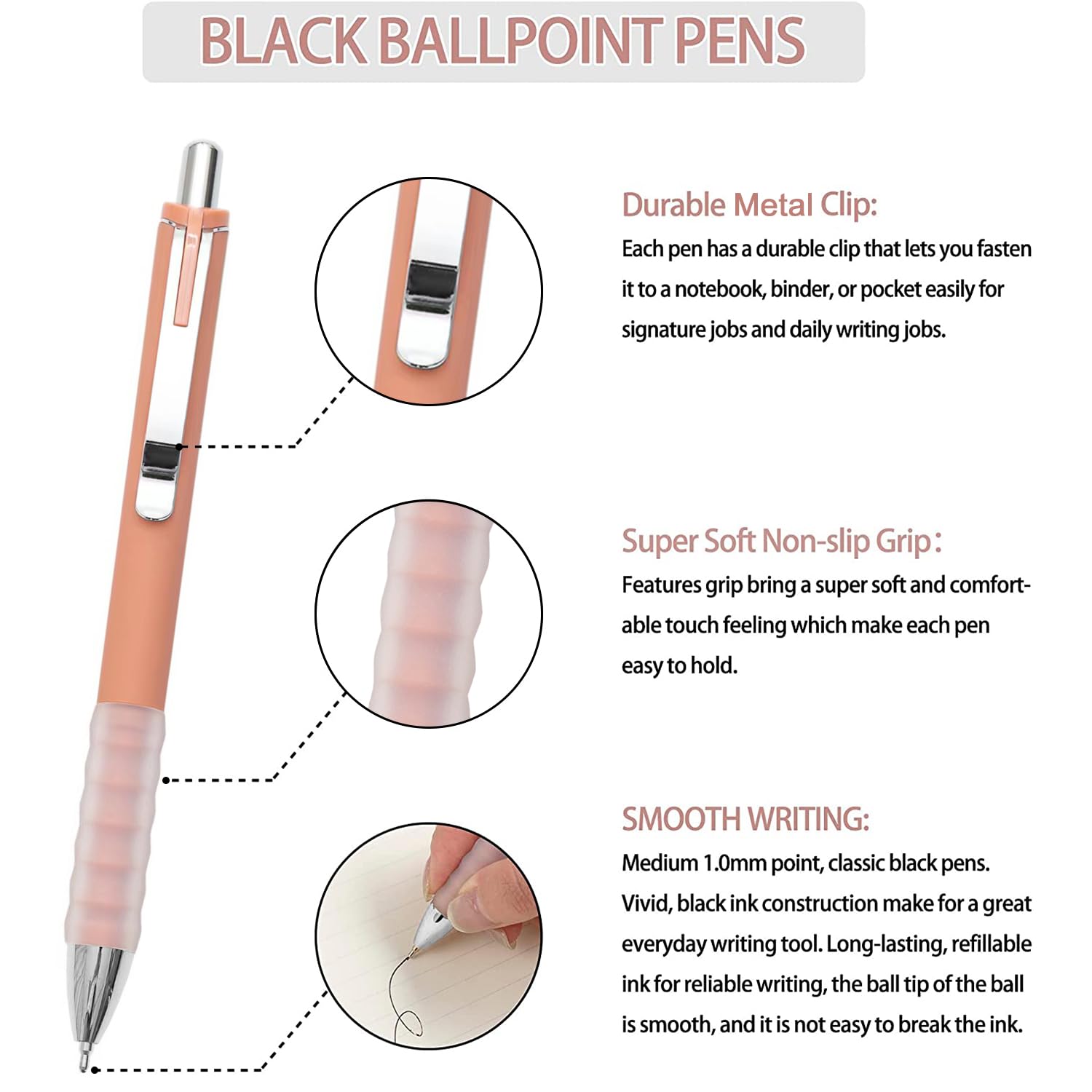 Linbsunne Ballpoint Pens Medium Point 1mm Pen with Super Soft Grip Ball Point Pen for Men Women Retractable Pens (Blue Ink+Black Ink+Red Ink)