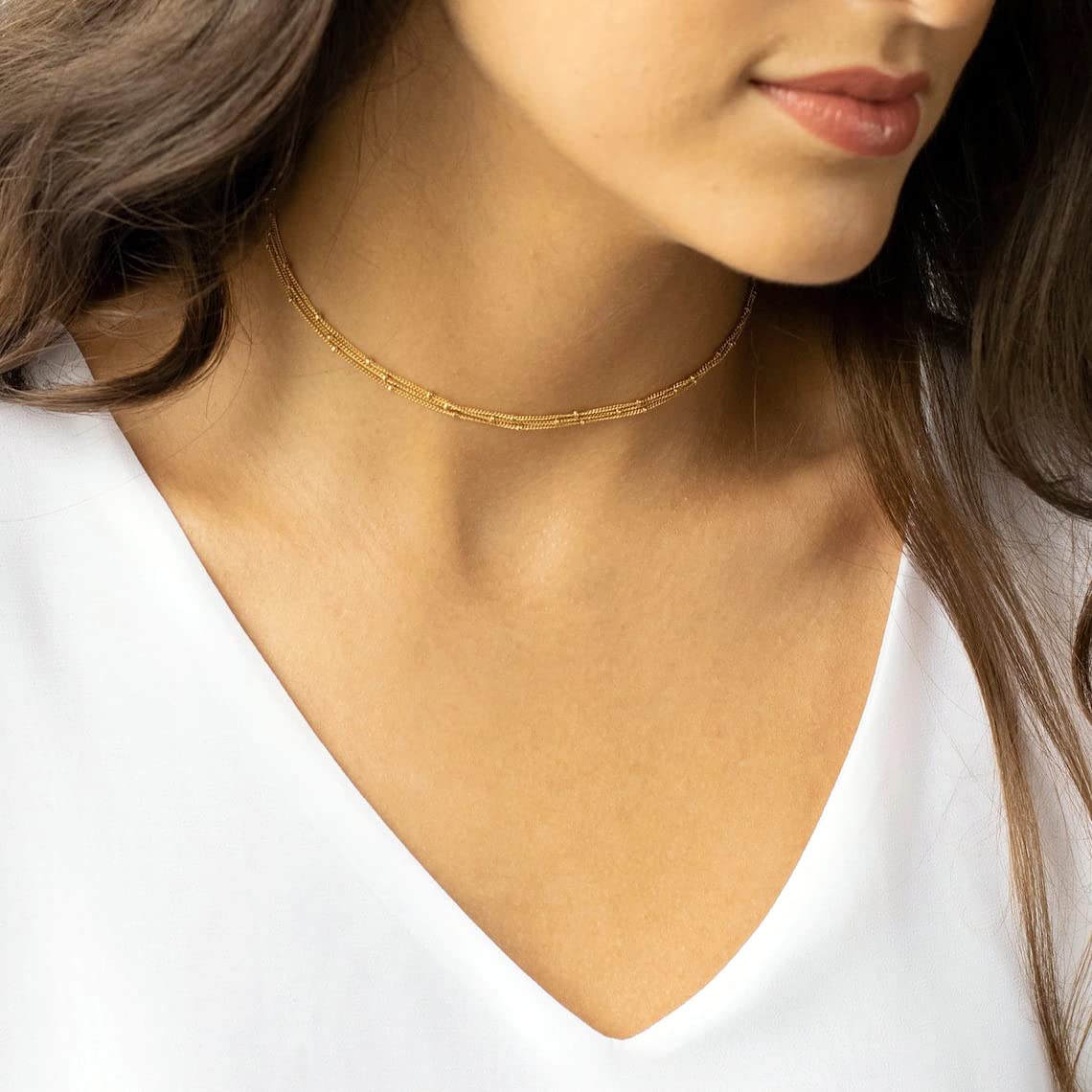 BERISO 14K Gold/Silver Plated Choker Necklace for Women Shining Dots Station Gold Chain Necklace Beads Sparkle Chain Necklace Link Chain Exquisite Jewelry for women