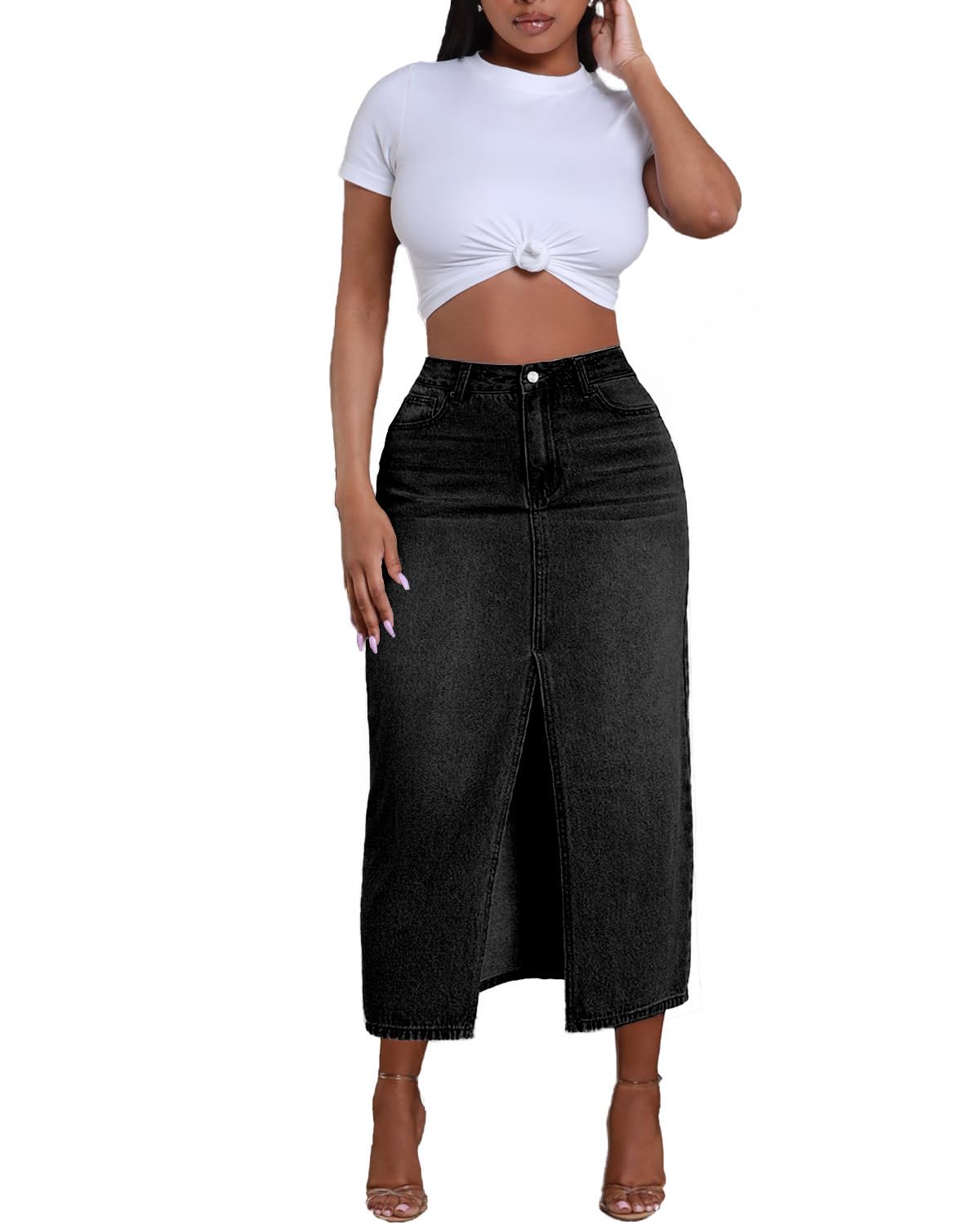 Jean Skirt for Women Denim Skirt High Waist Stretch Midi Denim Skirts with Pockets