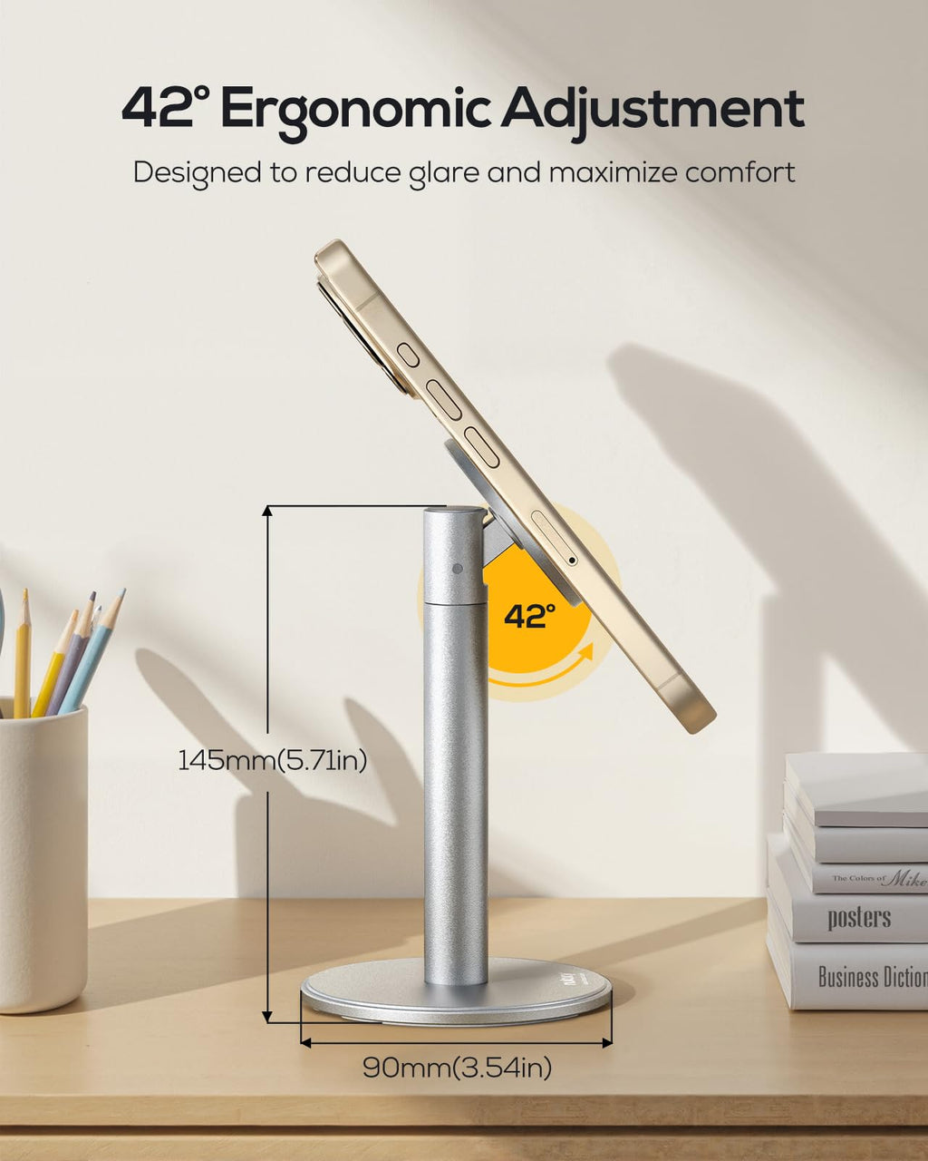 Nulaxy Magnetic Full Aluminum Cell Phone Stand for MagSafe with Metal Ring, 360 Rotating Phone Stand for Desk, Office Desk Accessories, Adjustable Phone Holder Compatible with All Phones, Gray