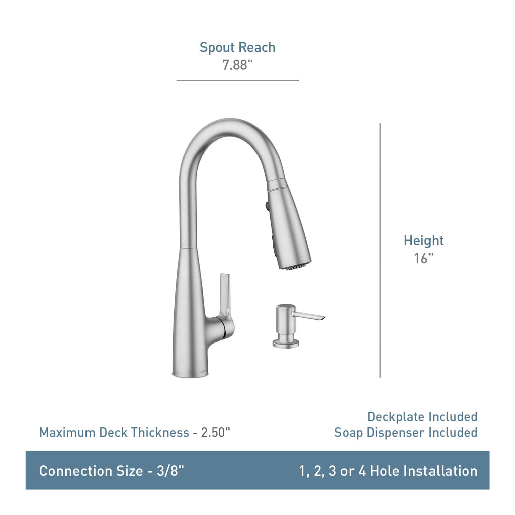 Moen Haelyn Pulldown Kitchen Faucet with Power Boost, 87627 | Pulldown sprayer, Power Boost technology, Soap dispenser included, Chrome finish, High arc faucet