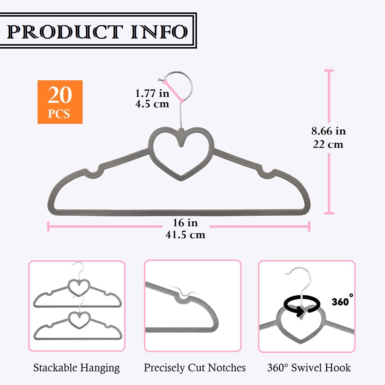 Velvet Hangers 20 Pack,16 Inch Non Slip Adult Heart Hanger (Black) | 360° Swivel Hooks, Cascade Design, Space Saving
