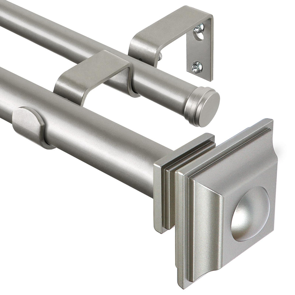 KAMANINA 1 Inch Double Curtain Rods 36 to 72 Inches (3-6 Feet) Telescoping Dark Silver Curtain Rod for Windows 24 to 68 Inches, Heavy Duty Drapery Rods with Square Finials
