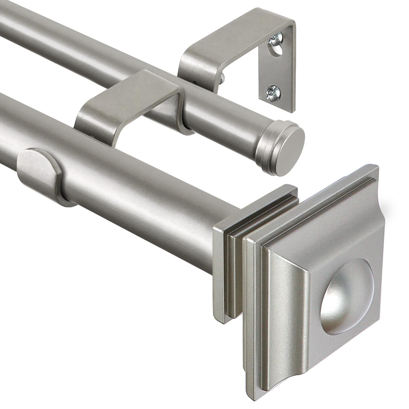 KAMANINA 1 Inch Double Curtain Rods 36 to 72 Inches (3-6 Feet) Telescoping Dark Silver Curtain Rod for Windows 24 to 68 Inches, Heavy Duty Drapery Rods with Square Finials