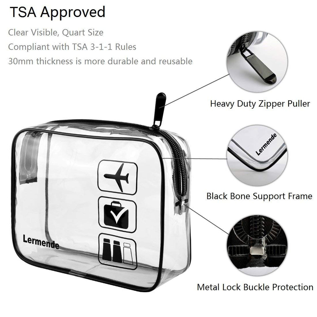 Lermende 2pcs Clear Toiletry Bag TSA Approved Travel Bag,Carry On for Travel,Airport Airline Accessories Compliant Bag,Quart Sized Makeup Cosmetic bag Women Men (Black, 2 Pack)