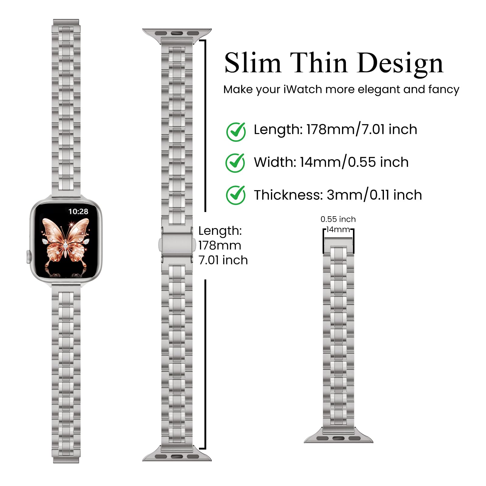 STIROLL Thin Replacement Band Compatible for Apple Watch 38mm 40mm 41mm 42mm(Series 11 10), Stainless Steel Metal Wristband Women Men for iWatch Ultra SE Series 9 8 7 6 5 4 3 2 1, Black