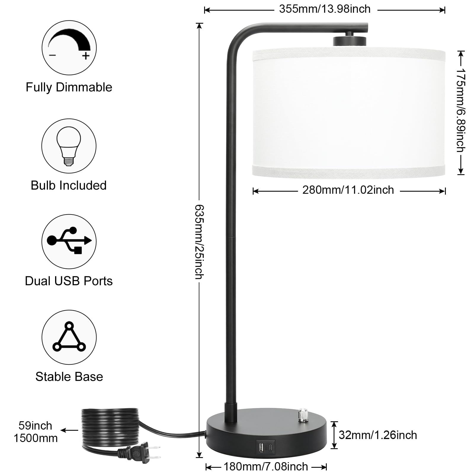 Table Lamps Set of 2, Fully Dimmable Bedside Lamp with USB C+A Charging Ports, Modern Nightstand Lamps with Linen Fabric Shades, Tall Desk Lamp for Bedroom, Living Room, Office, LED Bulb Included