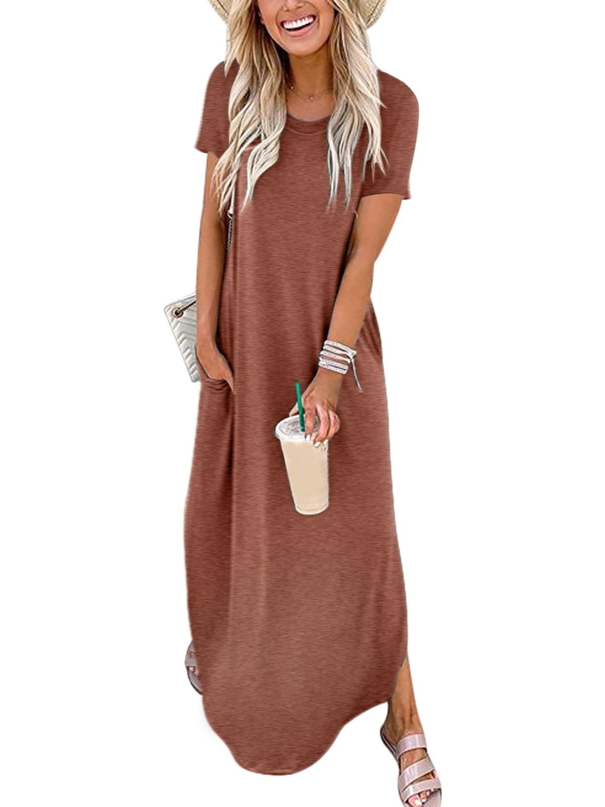 ANRABESS Womens Summer Maxi Dress Short Sleeve Casual Loose Long T Shirt Dresses Split Vacation Beach Sundress Travel Outfits