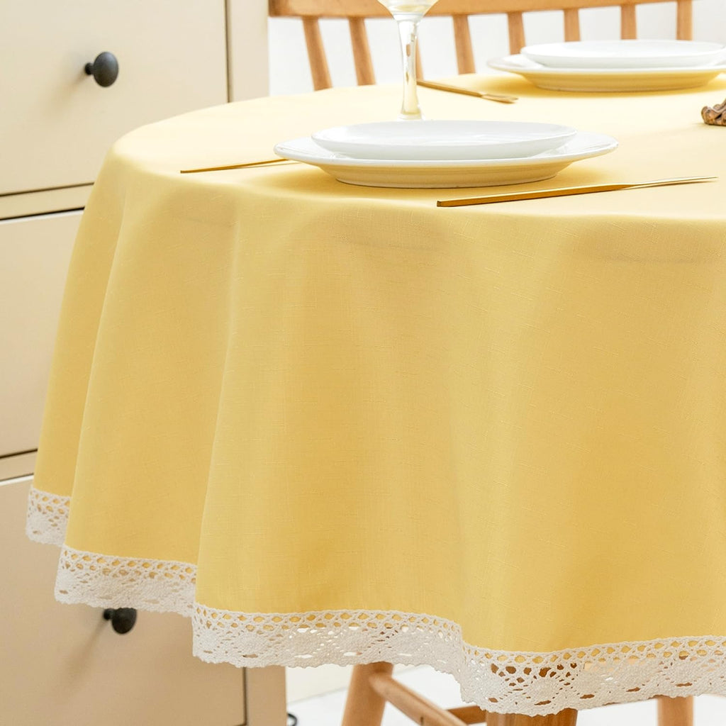 EHouseHome Faux Linen Tablecloth with Lace Trim - Waterproof/Spill Proof/Stain Resistant/Wrinkle Free/Oil Proof - for Banquet, Parties,Dinner,Kitchen,Wedding,Holiday,Blue Fog,Square 52X52Inch
