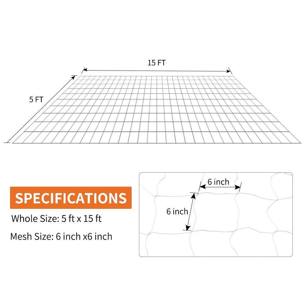 Tcamp Heavy-Duty Polyester Garden Trellis Netting Plant Climbing Net for Growing Vines Plants Vegetables Fruits Flowers, White Grow Tent (5Ft x15Ft, 3.5" Opening Mesh, 1 Pack)