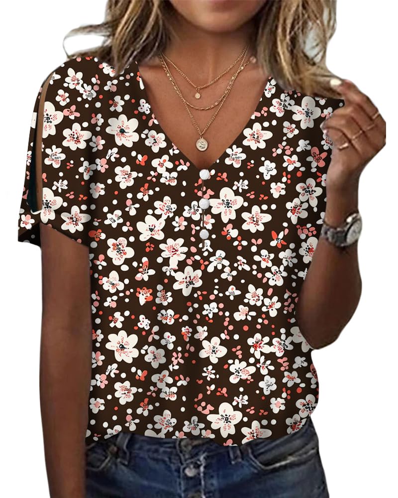 HOTYD Women's Boho Floral Print Ladies Short Sleeve Tops Summer Blouses Dressy Casual V Neck Cold Shoulder Tunic Tops