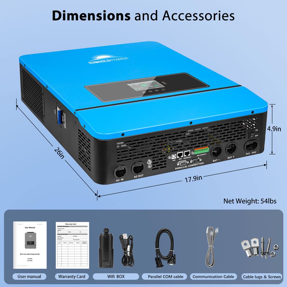 SUNGOLDPOWER 10000W DC 48V UL1741 Solar Inverter,Split Phase,Built-in 2 MPPT Solar Controllers,Max. 200A Battery Charging,AC Input/Output 120V/240V(settable) Inverter Charger(Support Parallel & COMM)