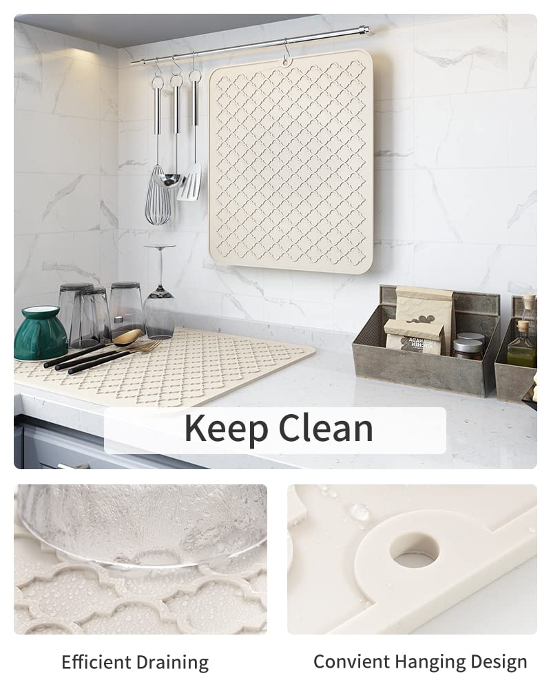 AMOAMI-Dish Drying Mats for Kitchen Counter-Silicone Dish Drying Mat-Kitchen Dish Drying Pad Heat Resistant Mat-Kitchen Gadgets Kitchen Accessories Kitchen Small Appliances(12" x 16", BEIGE)