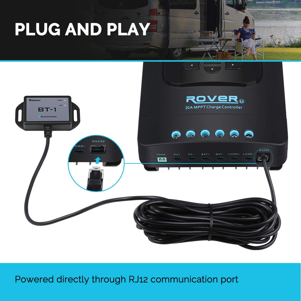 Renogy BT-1 Bluetooth Module for PWM Charge Controllers (Wanderer/Adventurer) – RJ12 RS232 Port, Wireless Monitor via DC Home App,IP54