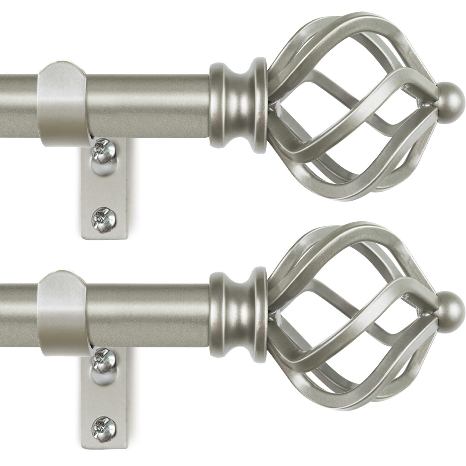 KAMANINA Silver Curtain Rod 32 to 58 Inch(2.6-4.8ft), Adjustable Curtain Rods for Windows 28 to 48 Inch, 3/4 Inch Splicing Drapery Rods with Twisted Cage Finial