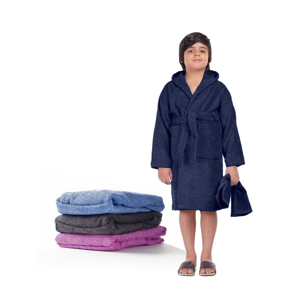 ALLEN & MATE 100% COTTON Hooded Kids Bathrobe – Soft, Medium Weight Absorbent Bath Towel Robe for Boys & Girls, 6-15 Years