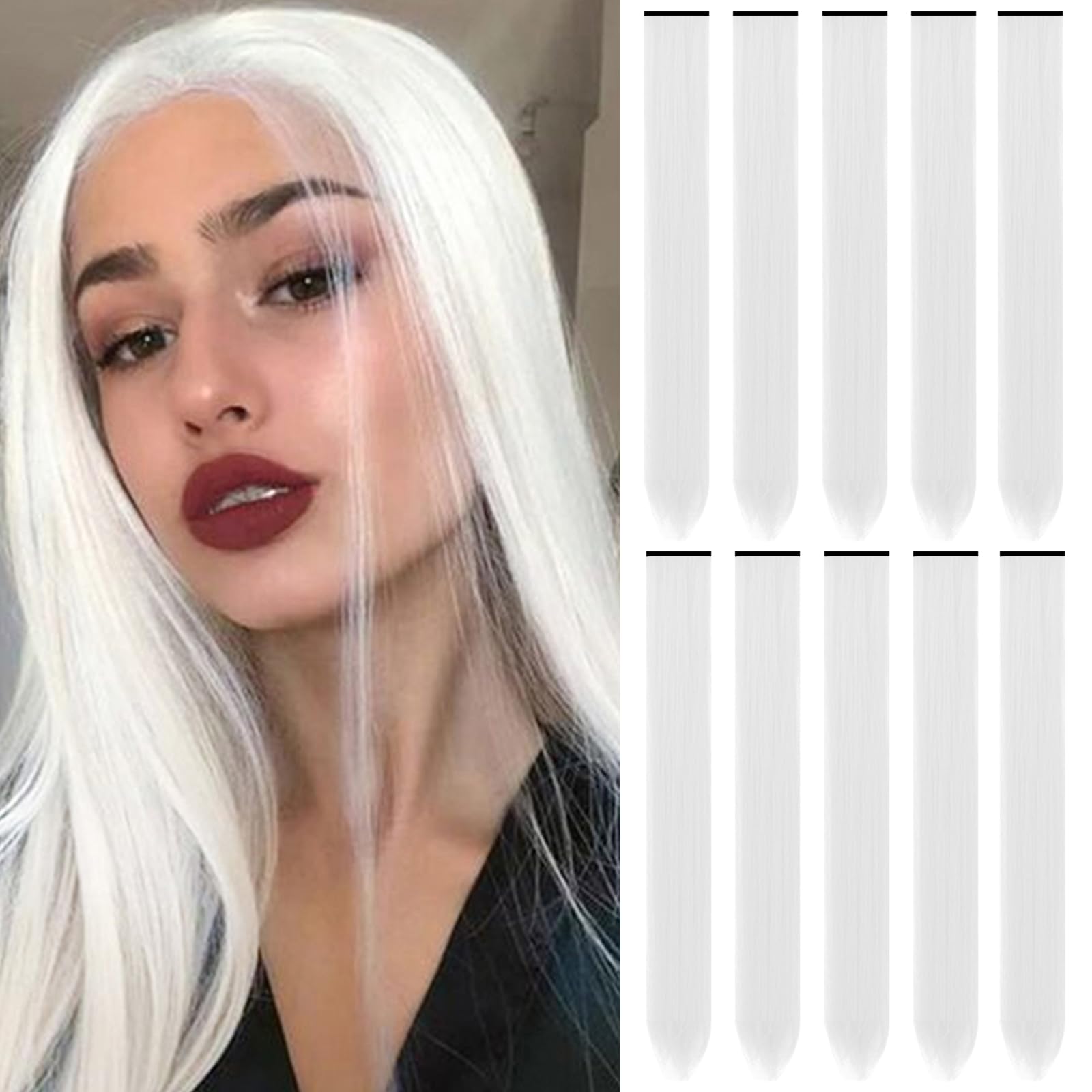 22 inch Colored Hair Extensions,Colorful Clip in Long Straight Synthetic Hair Extensions,Color Party Highlights Hairpieces for Women Girls Cosplay Styling(10 PCS Black)