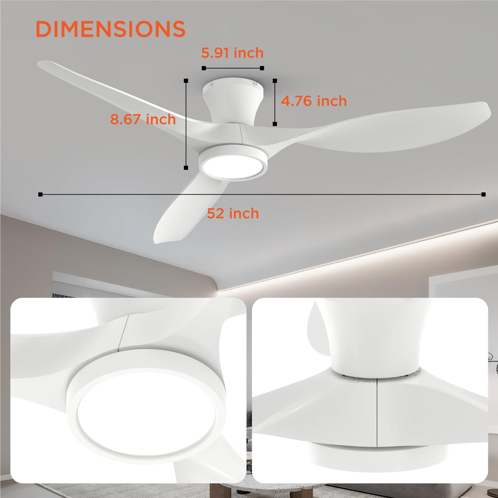 TALOYA Ceiling Fans with Lights,42 inch Modern Low Profile Ceiling Fan with Light and Remote Control, Flush Mount, 3CCT, White Ceiling Fan for Bedroom Living Room and Patio