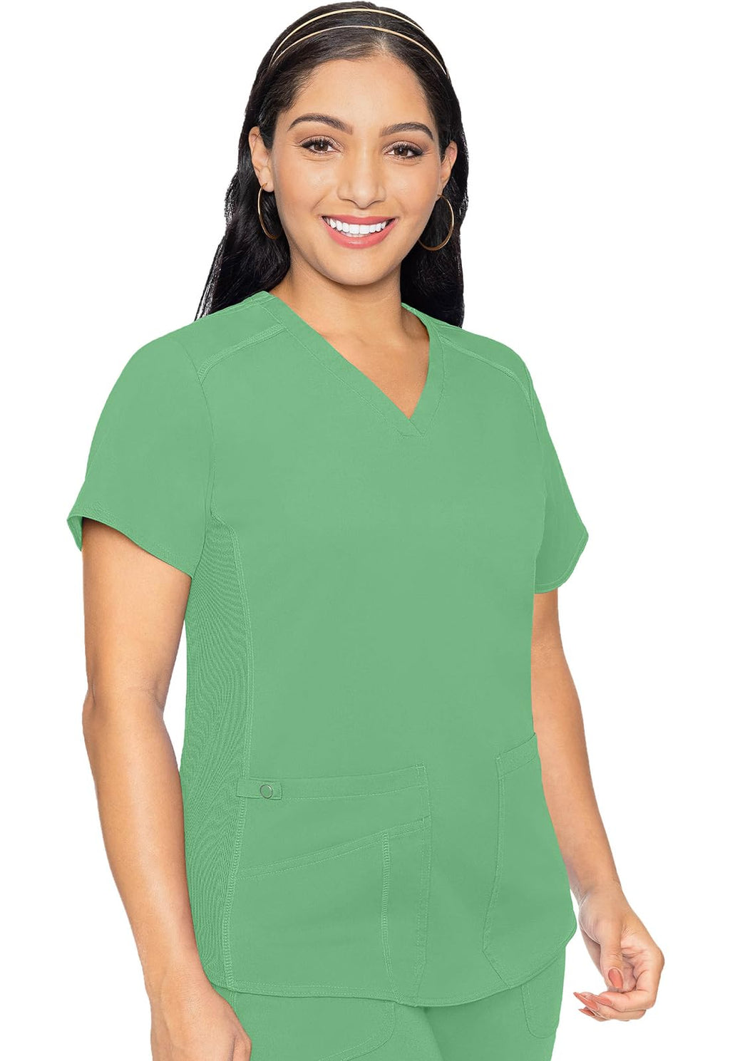 Med Couture V-Neck Scrub Top for Women with 4 Pockets, Rib-Knit Side Panel, and Shirttail Hem MC7459
