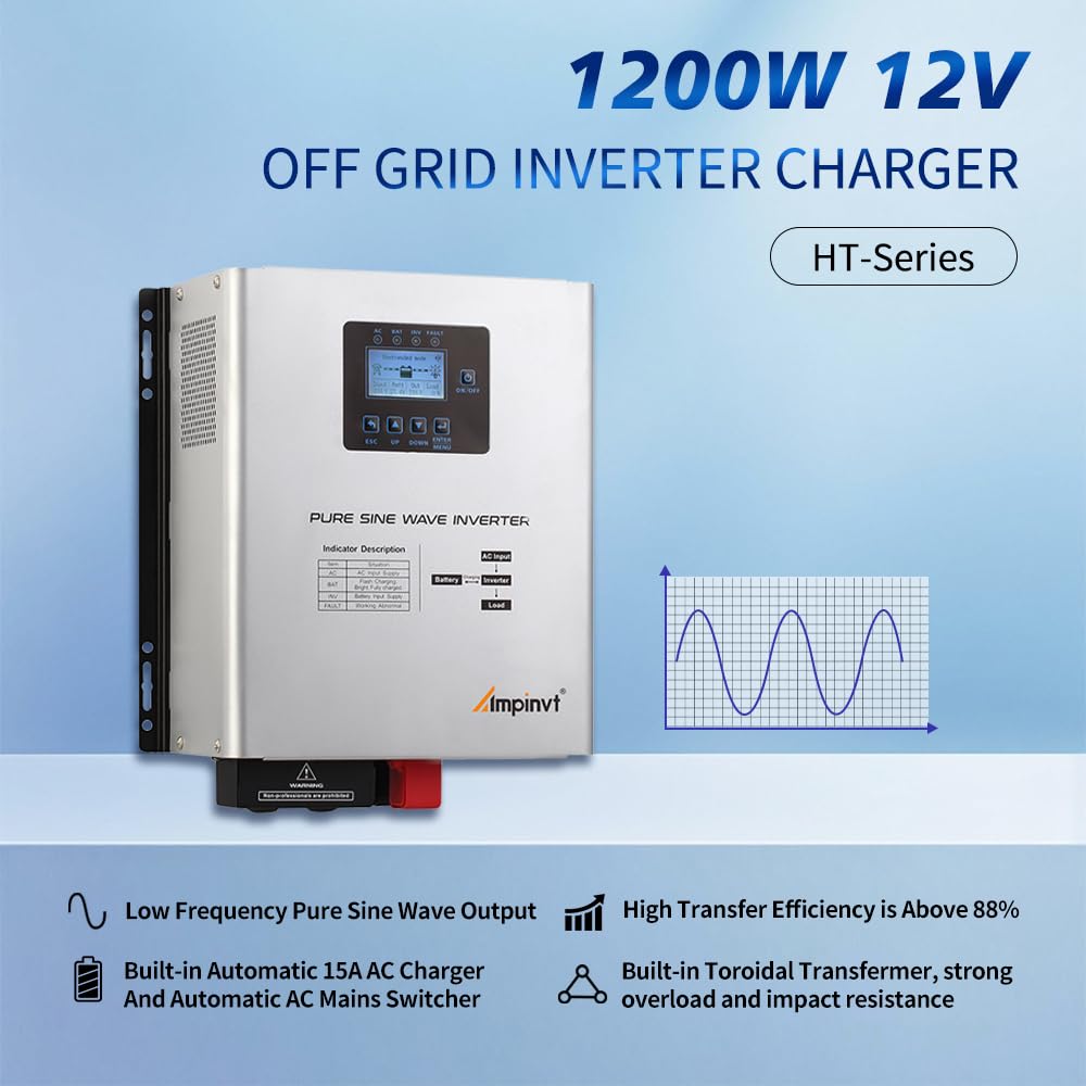 Ampinvt 800W Pure Sine Wave Inverter with AC Charger, DC 12V to AC 120V Output,UPS Backup Power Low Frequency Inverter for Lithium, Sealed,AGM, Gel,and Flooded Batteries