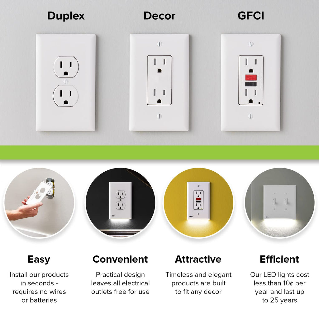 Single - SnapPower GuideLight [For GFCI Outlets] - Replaces Plug-In Night Light - Electrical Receptacle Wall Plate with LED Night Lights - Auto On/Off Sensor - (GFCI, White)