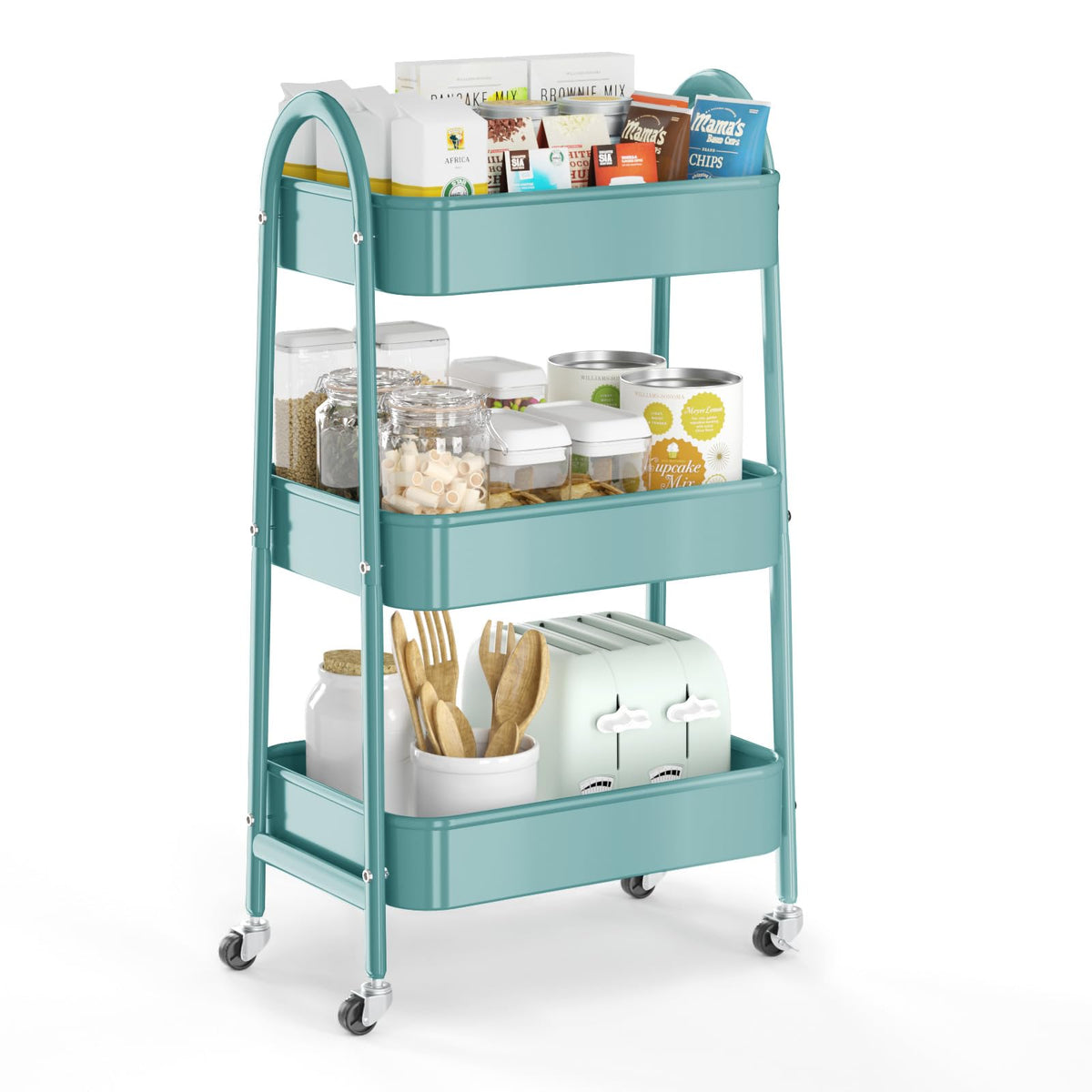 EAGMAK 3 Tier Rolling Cart, Large Metal Storage Cart with Handle and Lockable Wheels, Big Multifunctional Storage Organizer Trolley with Mesh Baskets for Kitchen, Living Room, Office, Garage (Beige)