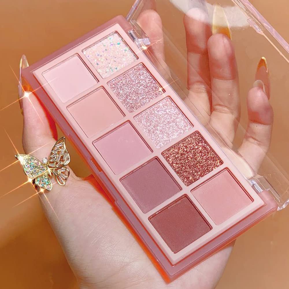 Erinde 10 Colors Eyeshadow Palette Makeup - Matte Shimmer Glitter Eye Shadow Korean Makeup, Ultra-Blendable, High Pigmented, Natural-Looking, Peach Brown Eyeshadow Pallet with Brush, Peach Color