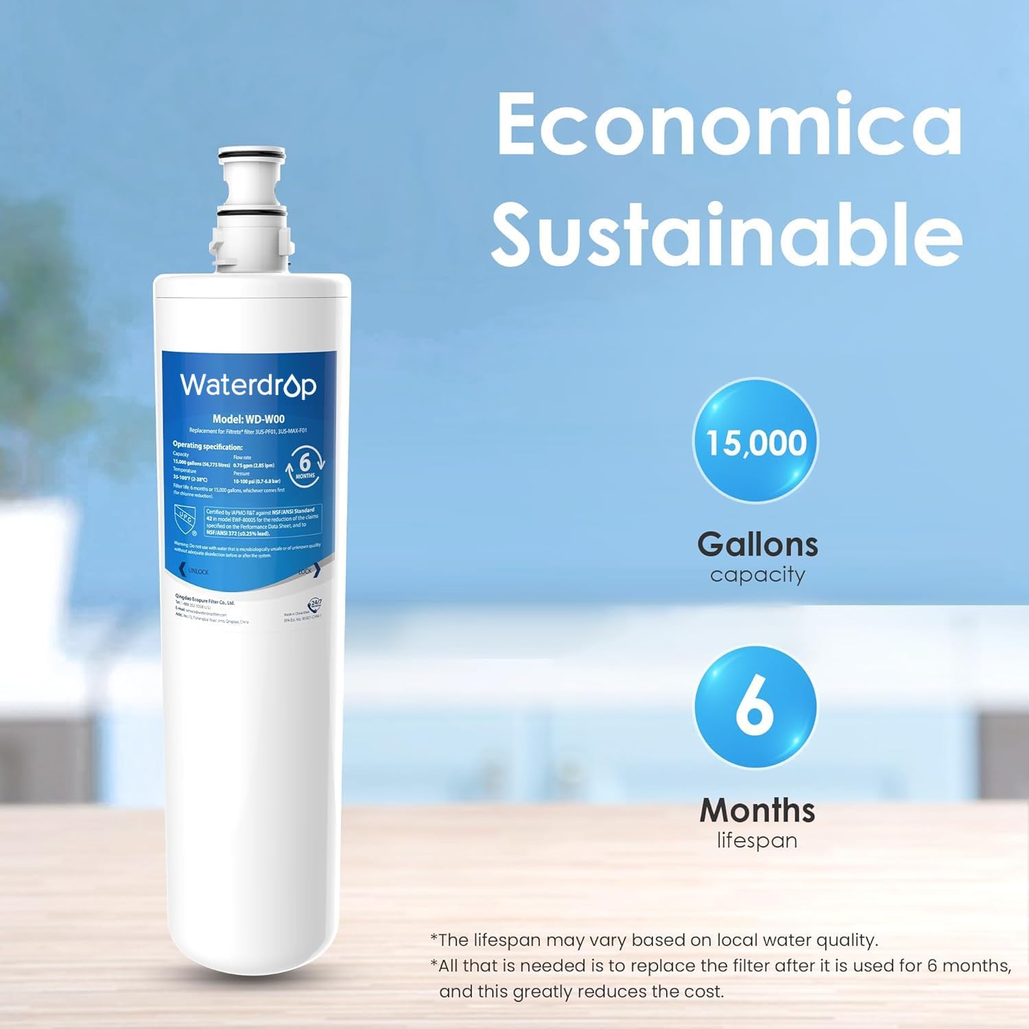 Waterdrop 3US-MAX-F01 3US-PF01 Maximum Under Sink Water Filter, Replacement for Filtrete® Advanced 3US-PF01, 3US-MAX-F01, 3US-PS01, 3US-MAX-S01, Manitowoc K-00337, K-00338, NSF/ANSI 42 Certified