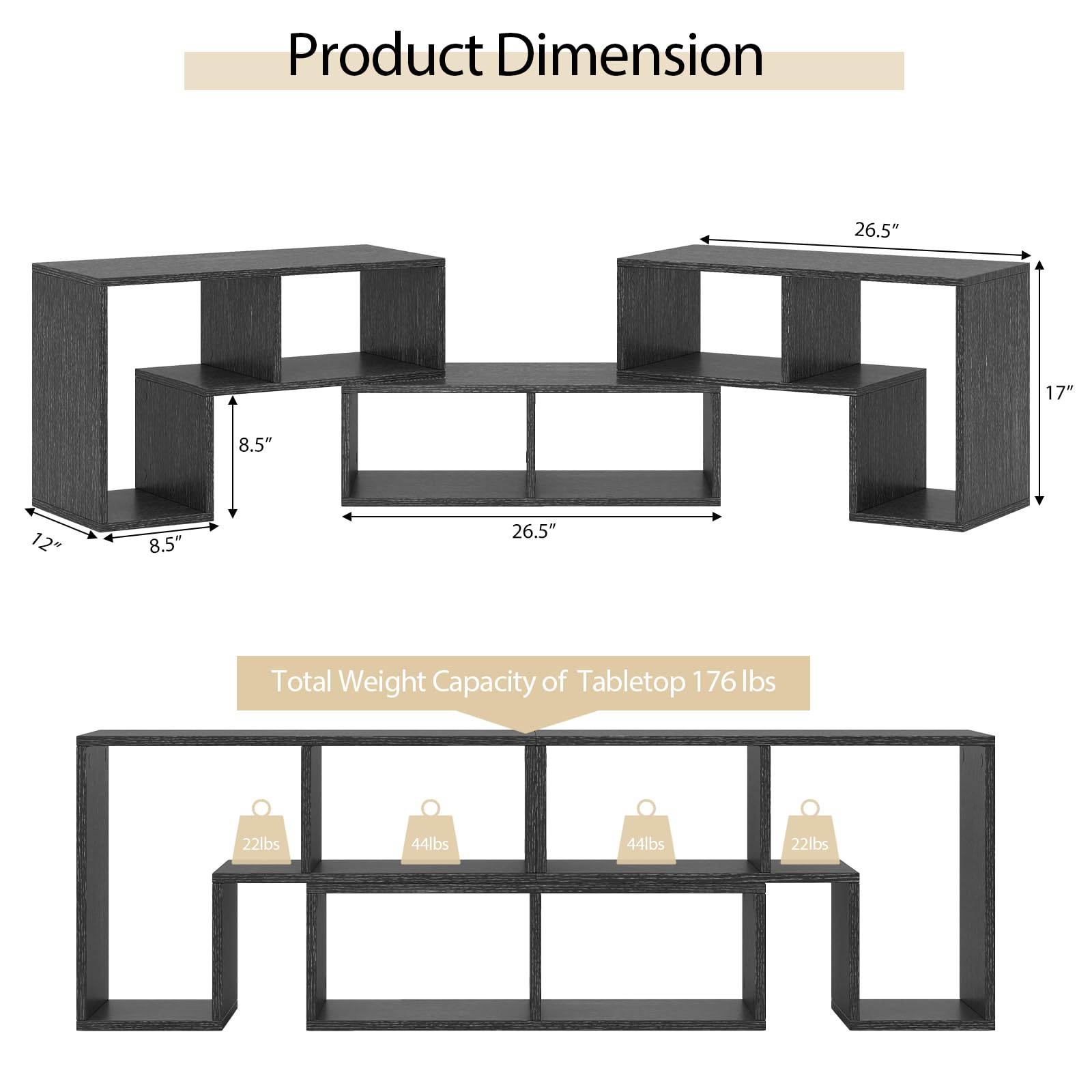 Tangkula 3 Pieces Console TV Stand, Free-Combination Entertainment Center for 50 55 60 65 Inch TV, Minimalist Modern TV Media Stand, DIY Open Storage Bookcase Shelf for Living Room (Black)