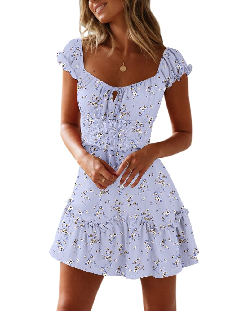 YOBECHO Womens Summer Ruffle Sleeve Sweetheart Neckline Printing Dress Mini Dresses