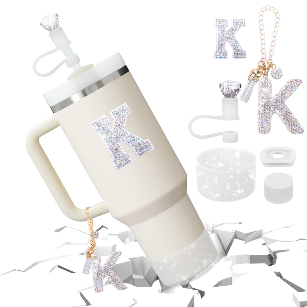 Mity rain Accessories Set for Stanley Cup, Initials Decorations for Tumbler Cup 30/40OZ, Including Diamond Straw Topper/Spill Proof Stopper/Sparkly Silicone Boot Set/Letter Charms for Handle A-Z (A-)