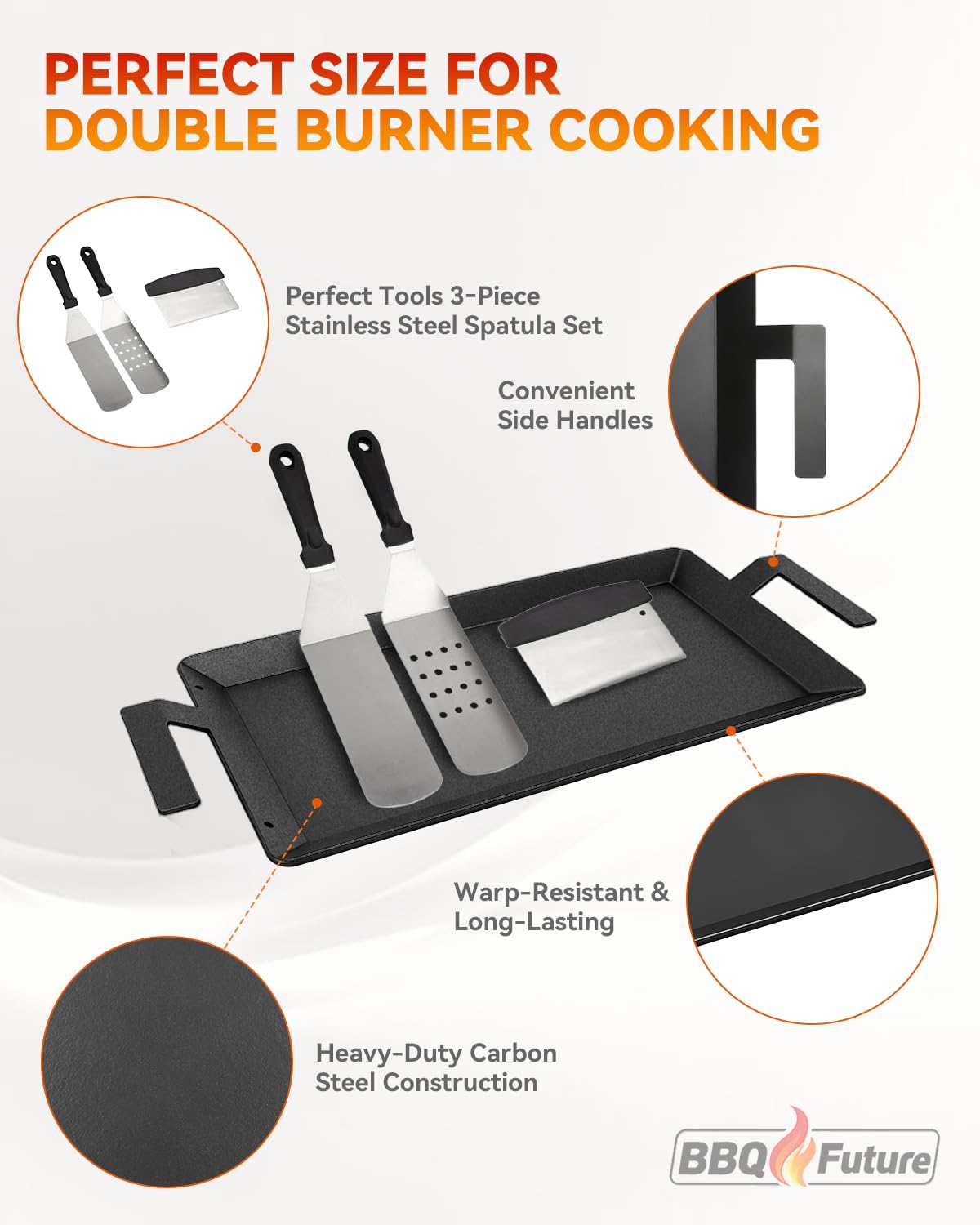 Carbon Steel Griddle for Gas Grill, Double Burner Griddle Compatible with Induction, Stove Top, Electric, Oven - 17" x 10" Professional Cookware for Cooktop, NonStick Griddle Pan