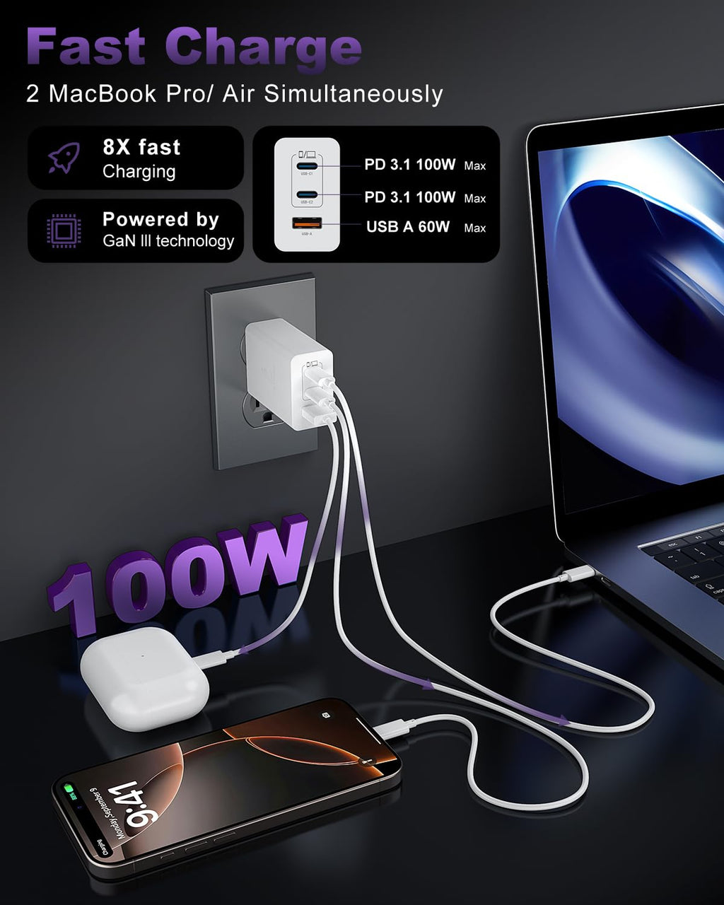 USB C Super Fast Phone Charger 100W, 65W GaN Type C Charger Fast Charging Block with 10ft USB C Charging Cable for Samsung Galaxy S26 Ultra/S26/S26+,MacBook Pro/Air,iPhone/iPad Pro[2 Pack]-Black