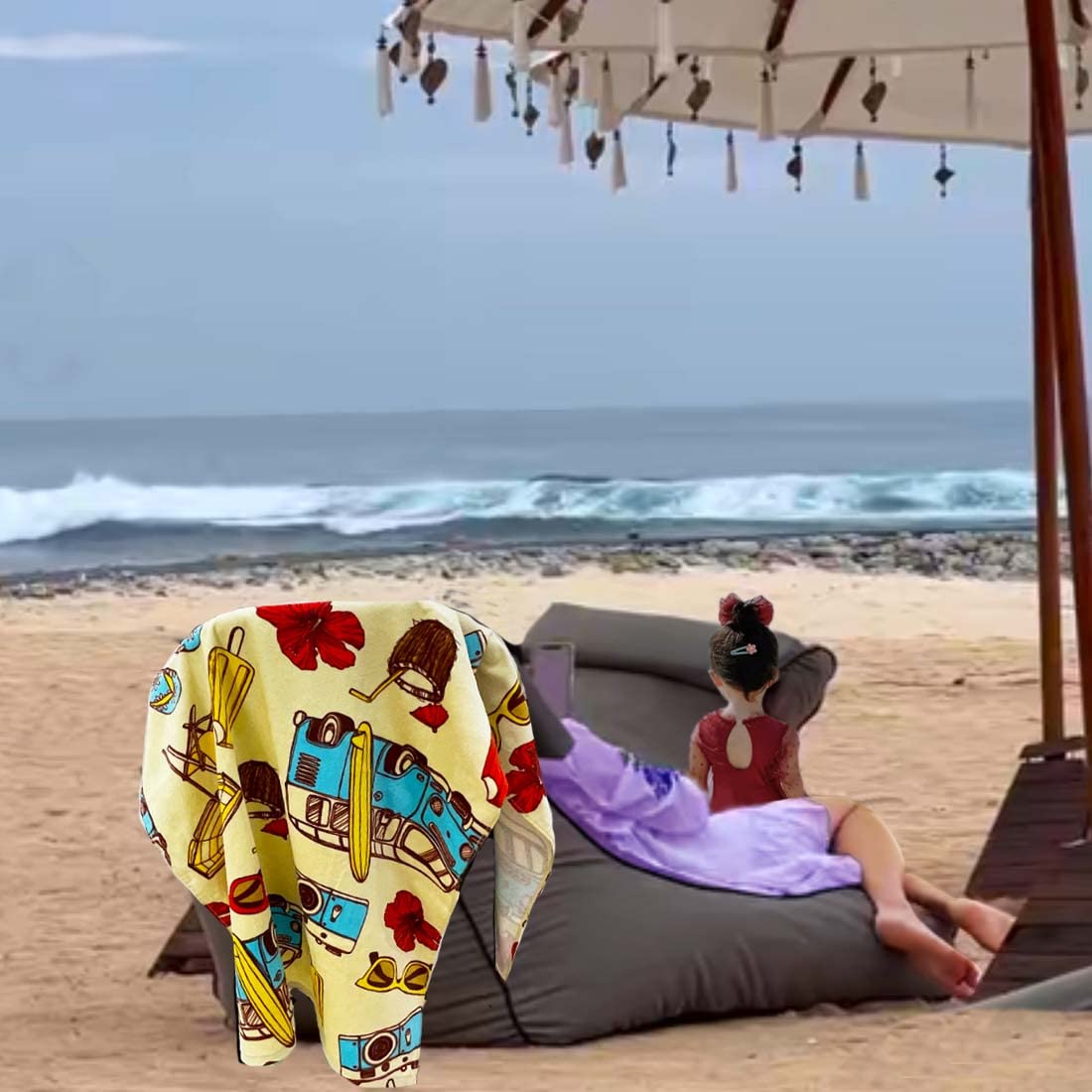 Kids Beach Towel Velour Terry Blanket Throw 100% Cotton Super Soft Absorbent 25.5X51 inches for Bath Swimming Sports Camping Holiday Picnic, Bus Coconut Parasol Lounge Audio Player.
