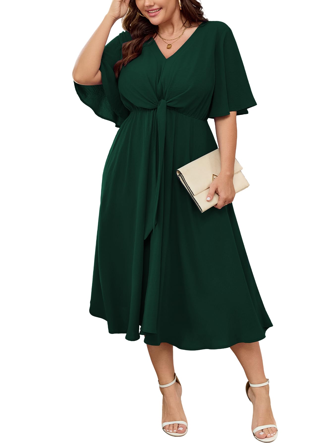 SCOMCHIC Women Plus Size Midi Dresses Wedding Guest Short Sleeve V Neck Tie Waist Casual Summer Flowy A Line Dress