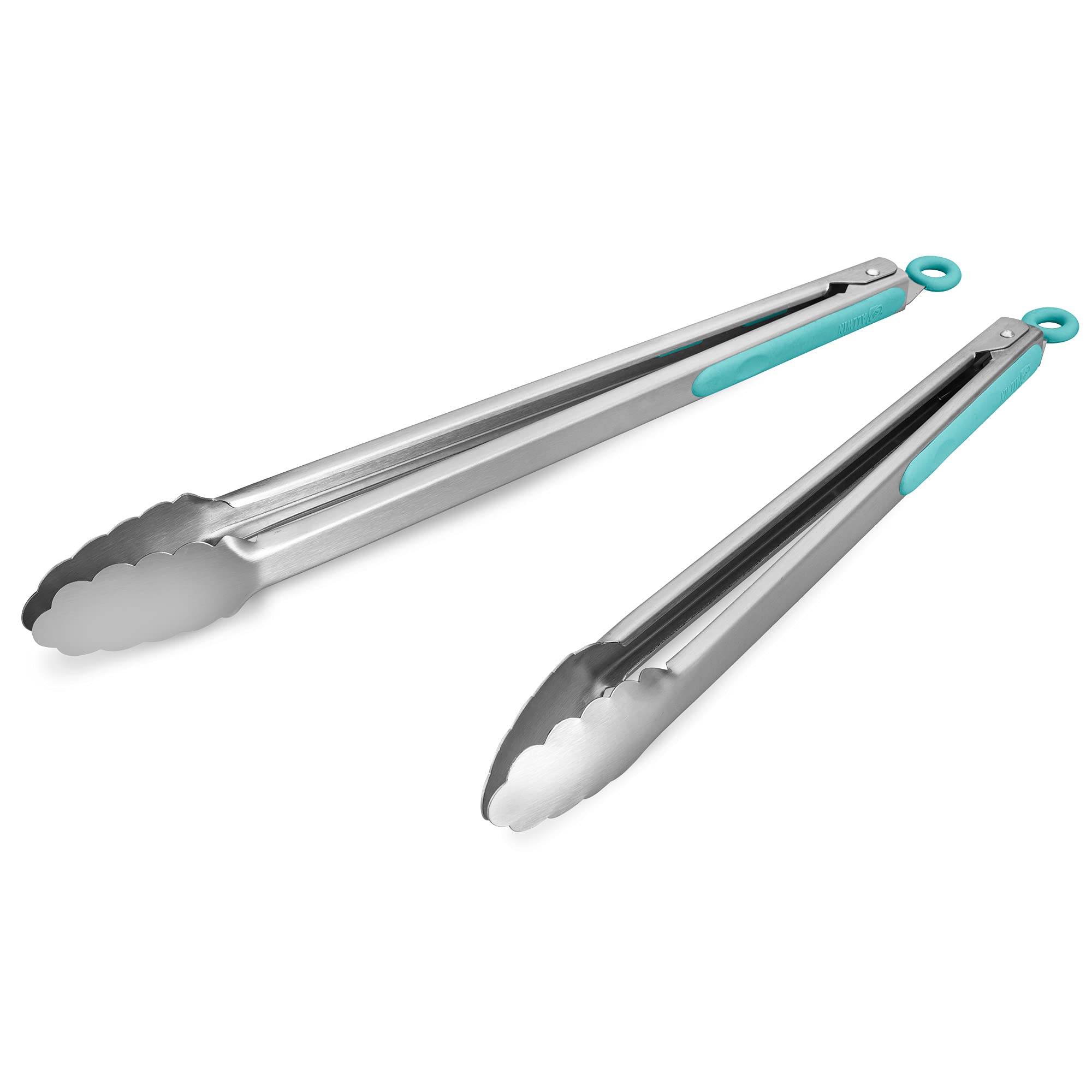 304 Stainless Steel Kitchen Cooking Tongs, 9" and 12" Set of 2 Sturdy Grilling Barbeque Brushed Locking Food Tongs with Ergonomic Grip, Black