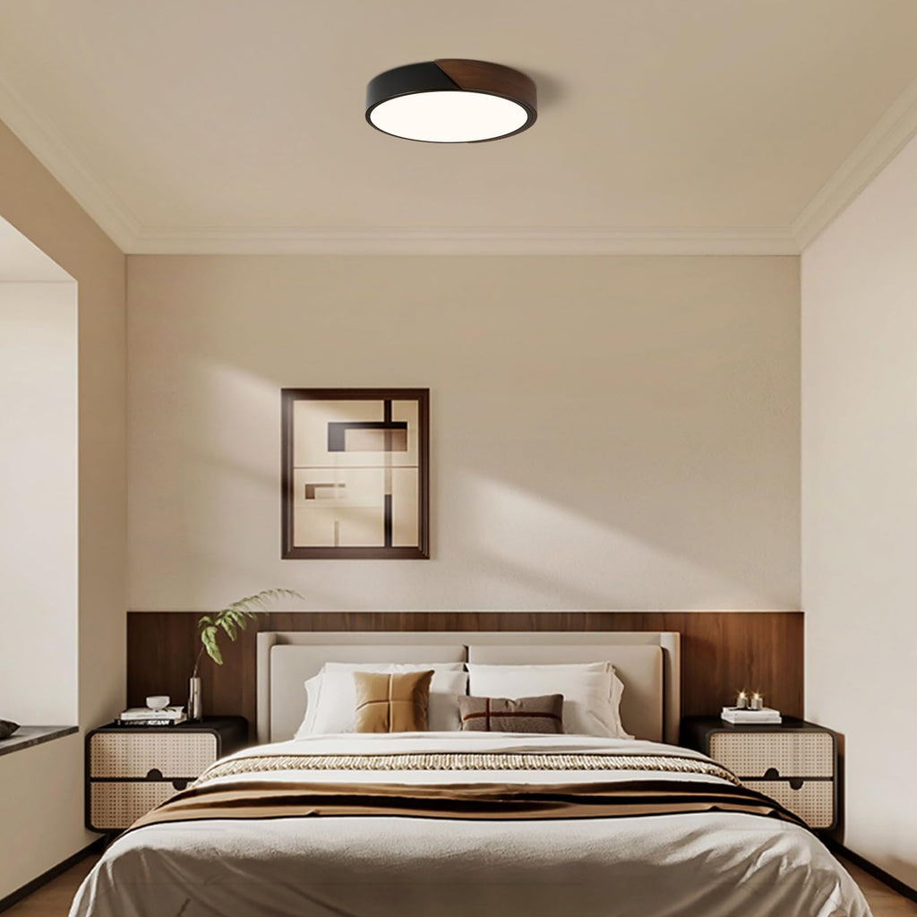 Modern LED Ceiling Light, Minimalist Wood Dimmable Flush Mount Ceiling Light Fixture, Round 5CCT Lighting Lamp with Acrylic Lampshade for Bedroom Hallway Kitchen Laundry, Black 11.8"