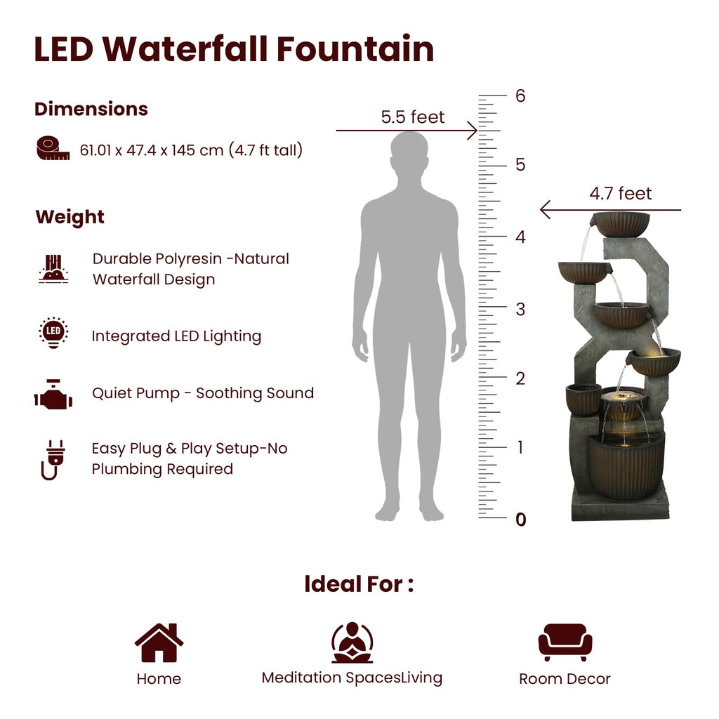 Bumilgar 2-Tier Bowl Water Fountain with LED Lights, 27.95" Tall Freestanding Outdoor & Indoor Garden Waterfall Fountain for Yard, Patio, Backyard, Floor Standing Home Decor