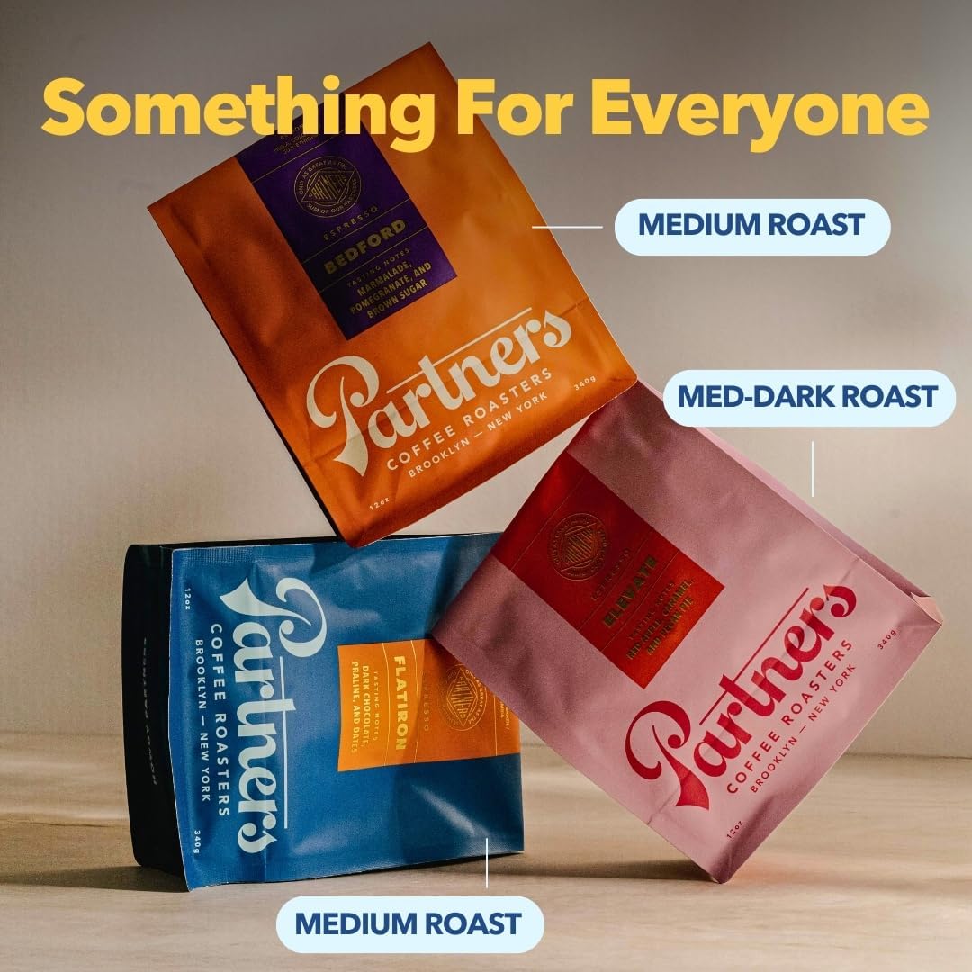 PARTNERS COFFEE ROASTERS - Whole Bean Coffee (Bedford - Espresso, Medium Roast) 12oz - Fruity, Complex, Espresso - Whole Coffee Beans - Lab Tested for Mycotoxins & Heavy Metals - Hand Roasted in NYC