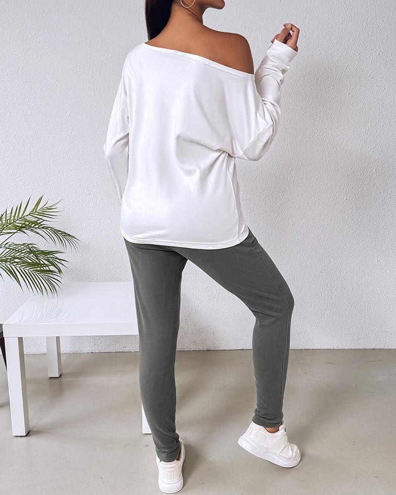 CHICME Women Tracksuit Fall 2 piece Outfits Off The Shoulder Long Sleeve Tops and Pants Set Travel Outfits