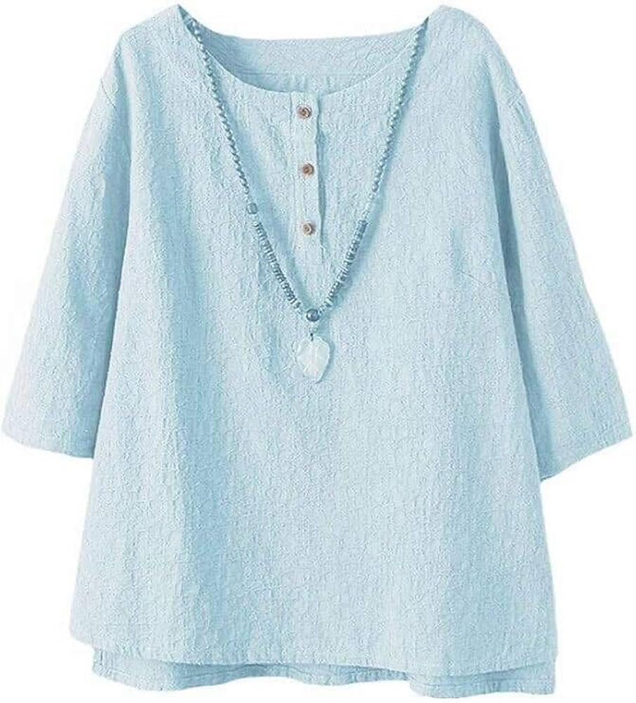 Minibee Women's 3/4 Sleeve Cotton Linen Jacquard Blouses Top T-Shirt