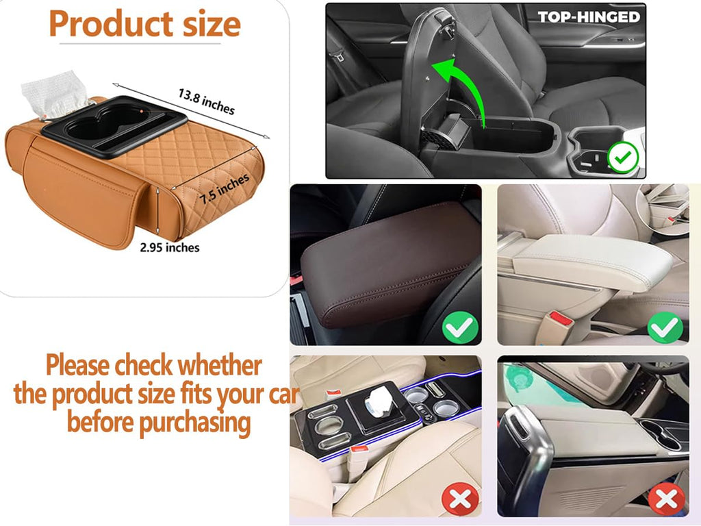 Car Armrest Cushion,5-in-1 Center Console Cover with 2 Storage Bags Cup Holder, Tissue Box Slot, Phone Slot for Sedans, Car Accessories Interior Organizers (Beige)