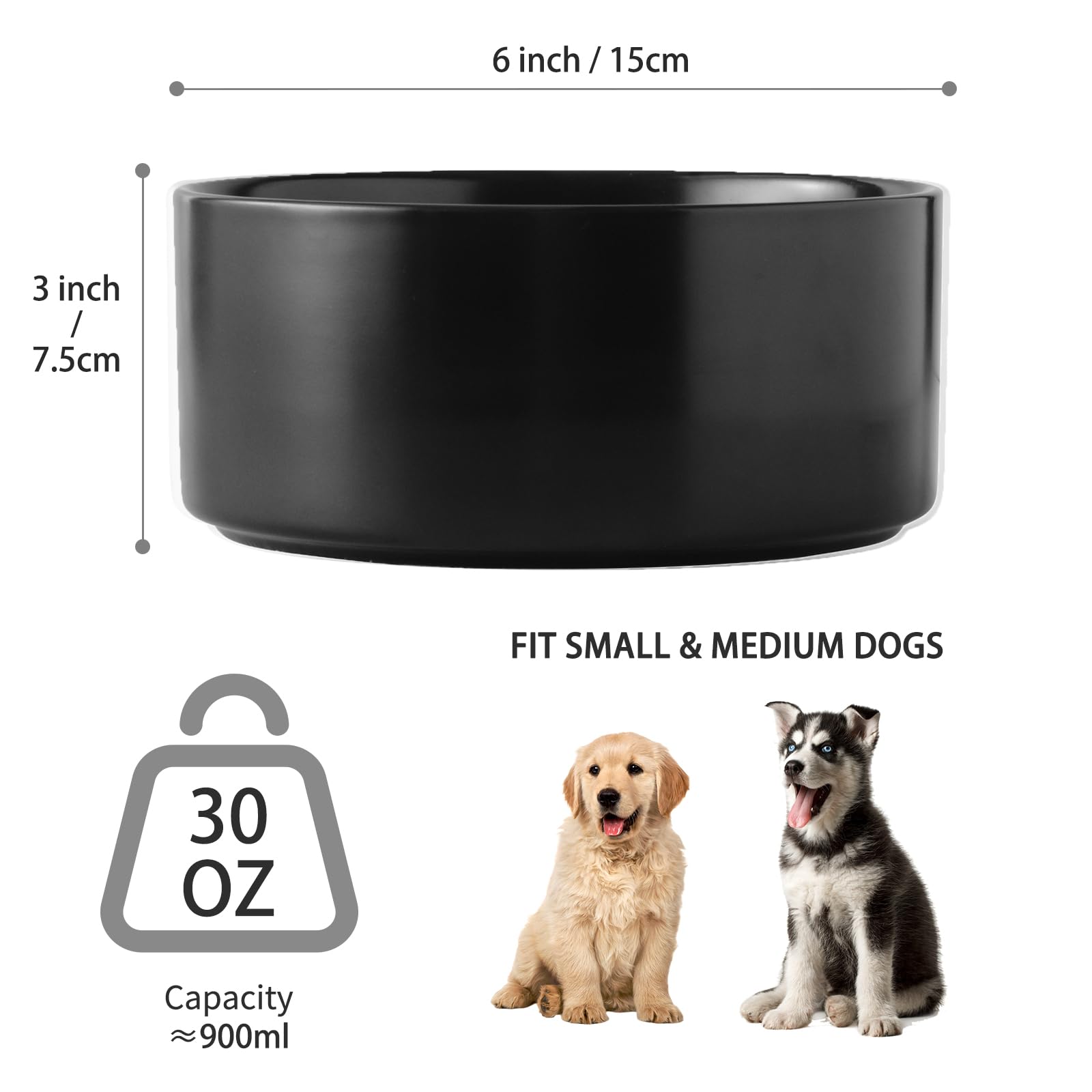 6'' Ceramic Raised Dog Bowl - 30Oz Dog Food & Water Bowl with Elevated Non-Slip Bamboo Stand, Dishwasher & Microwave Safe, Anti Vomiting Heavy Duty Pet Bowl for Small and Medium Dogs, Black