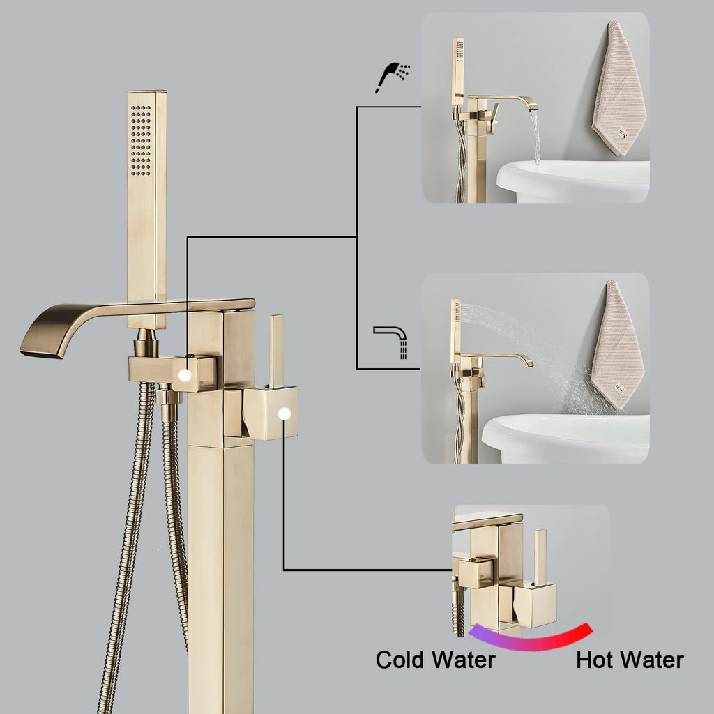 Brushed Gold Freestanding Bathtub Faucet with Hand Shower Tub Filler Faucet Floor Mounted High Flow Single Handle Bath Filler Solid Brass