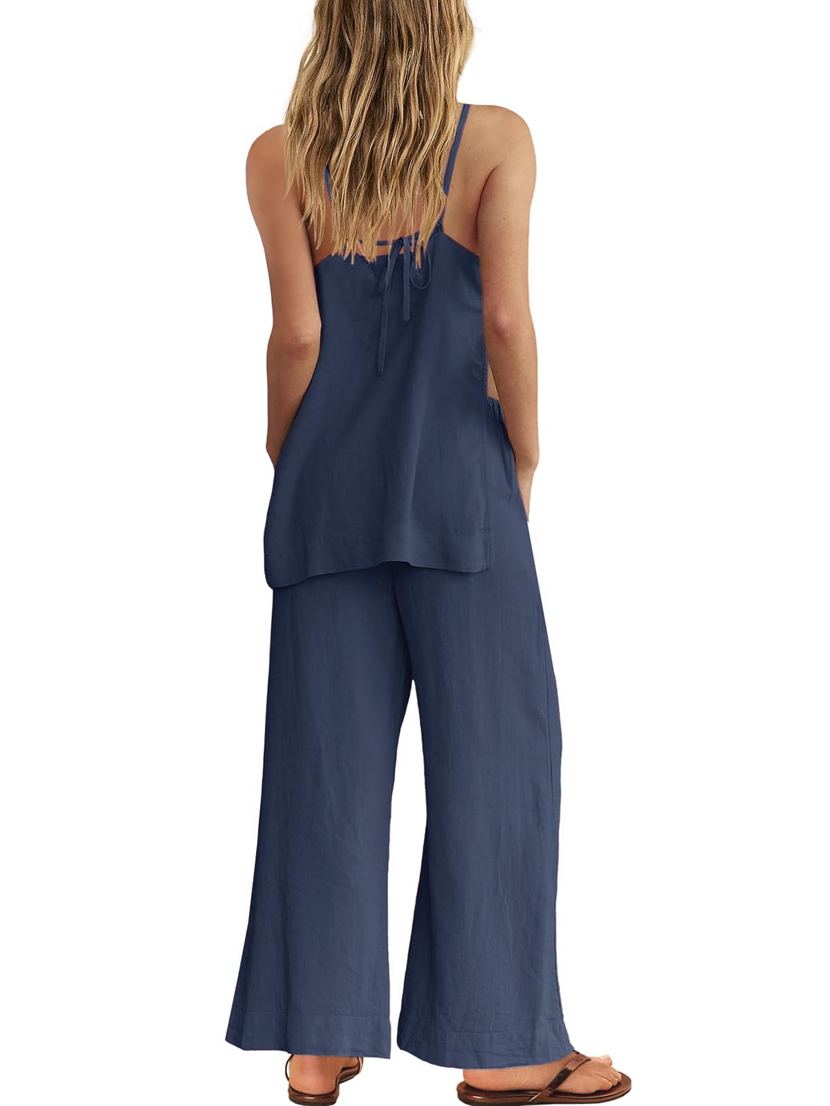 Dokuritu Linen Sets for Women 2 Piece Summer Spaghetti Strap Top Wide Leg Pant Set Beach Vacation Travel Outfits with Pockets