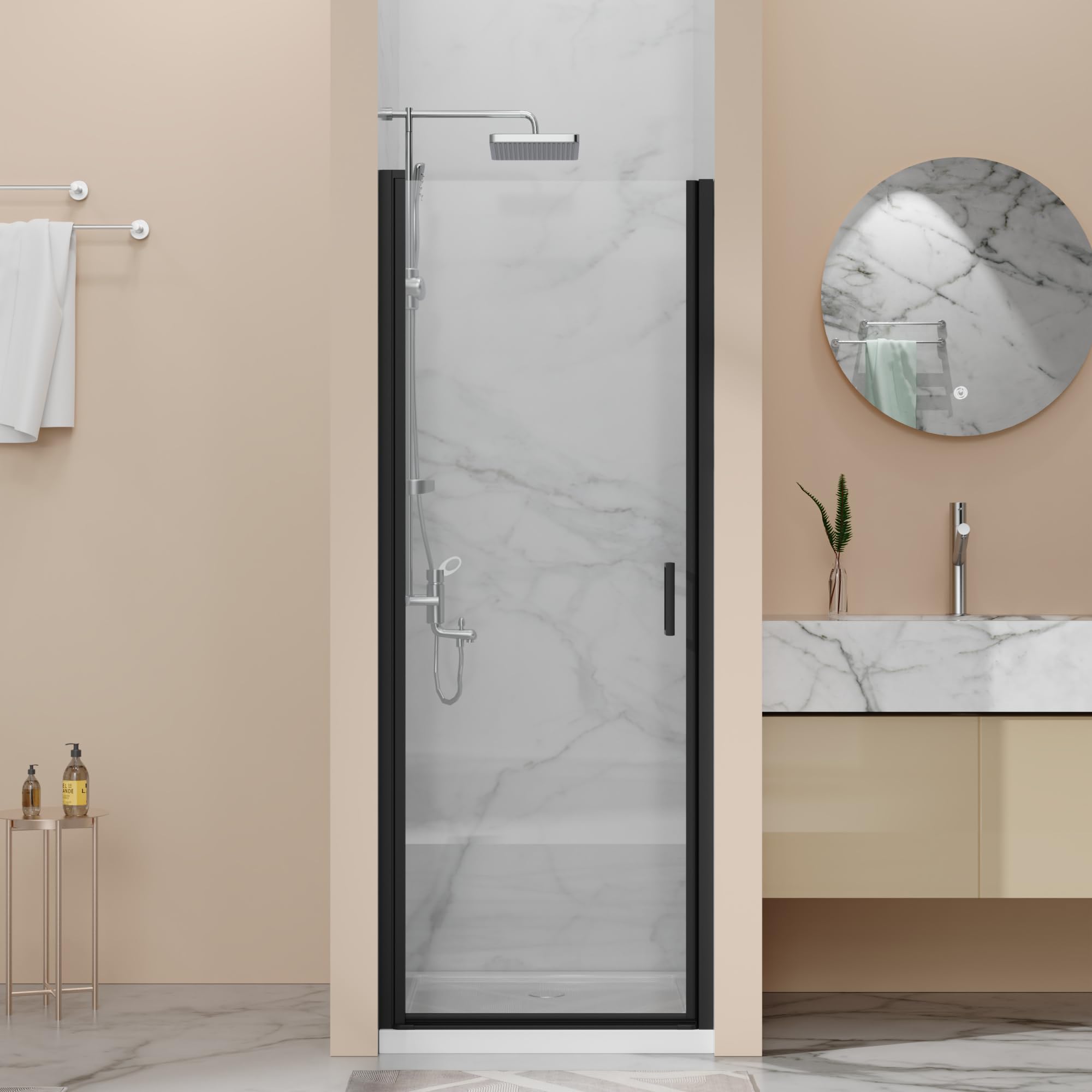 28” x 72” Pivot Shower Door, 1/4 inch Tempered Glass Panel Pivot Swing Shower Door in Matte Black Finish, Semi-Frameless Design