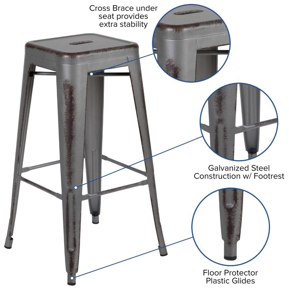Flash Furniture 30"H Commercial Modern Metal Backless Barstool, Indoor/Outdoor Industrial Square Stacking Bar Stool for Patio Bars/Restaurants, Black